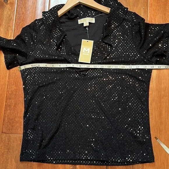 NWT Michael Kors black sequenced short sleeved V- neck top size medium. - Picture 3 of 6
